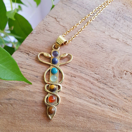 Golden Sword, Snakes & 7 Chakras Necklace / Hypoallergenic / Yoga / Reiki / Boho / Hippie / Rustic / Ethnic / Third Eye / Illuminati