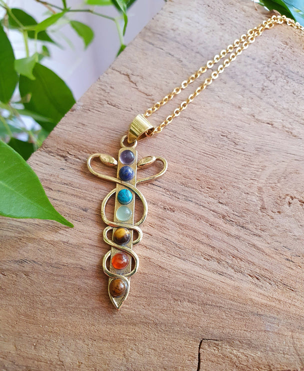 Golden Sword, Snakes & 7 Chakras Necklace / Hypoallergenic / Yoga / Reiki / Boho / Hippie / Rustic / Ethnic / Third Eye / Illuminati