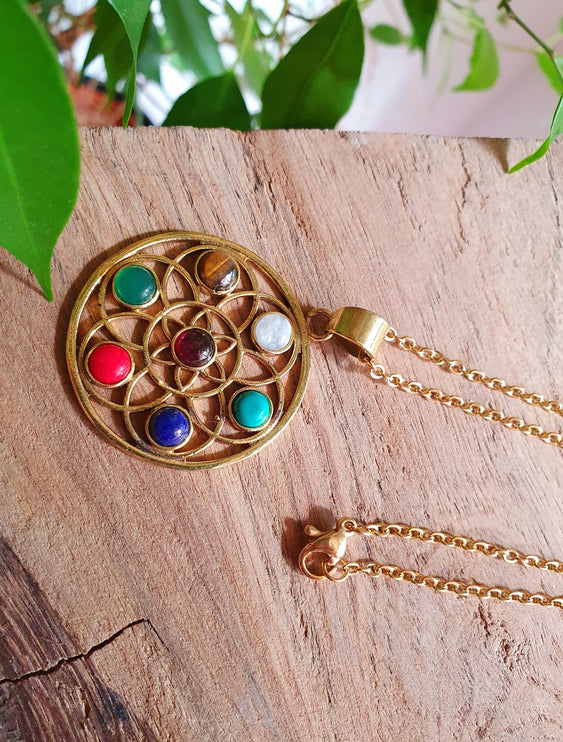 Gold 7 Chakras Necklace / Hypoallergenic / Yoga / Reiki / Boho / Hippie / Rustic / Ethnic / Crystals / Third Eye / Illuminati