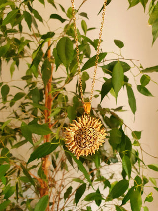 Gold Sun Necklace in Brass | Hypoallergenic Chain | Boho Chic Jewelry for Women | Spiritual Solar Pendant for Positive Energy