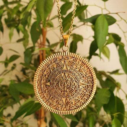 Gold Sacred Mayan Calendar Necklace / Hypoallergenic / Brass / Boho / Aztec / Inca / Ethnic / Hypoallergenic / Third Eye / Illuminati