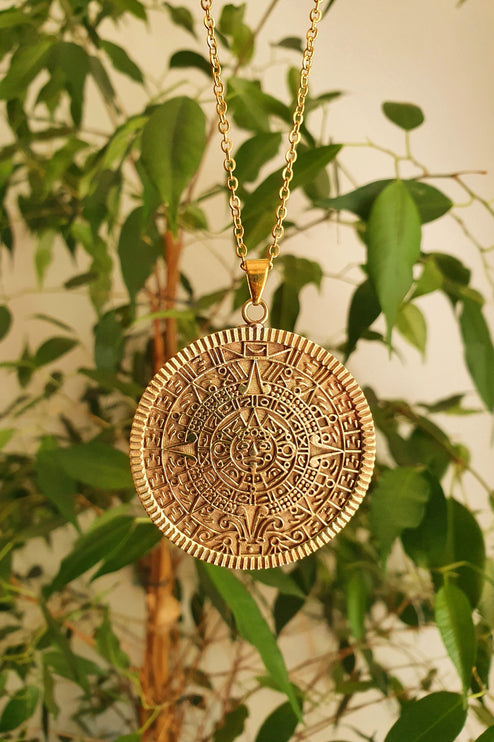 Gold Sacred Mayan Calendar Necklace / Hypoallergenic / Brass / Boho / Aztec / Inca / Ethnic / Hypoallergenic / Third Eye / Illuminati