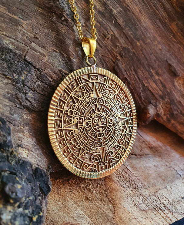 Gold Sacred Mayan Calendar Necklace / Hypoallergenic / Brass / Boho / Aztec / Inca / Ethnic / Hypoallergenic / Third Eye / Illuminati