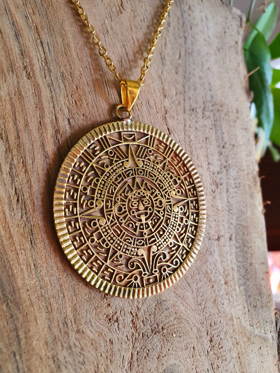 Gold Sacred Mayan Calendar Necklace / Hypoallergenic / Brass / Boho / Aztec / Inca / Ethnic / Hypoallergenic / Third Eye / Illuminati