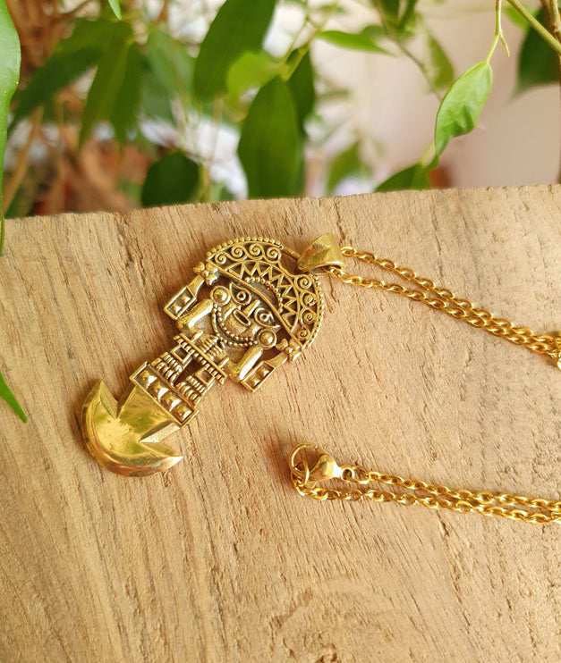 Gold Sacred Mayan God Pantheon Necklace / Hypoallergenic / Brass / Boho / Aztec / Inca / Ethnic / Hypoallergenic / Third Eye / Illuminati