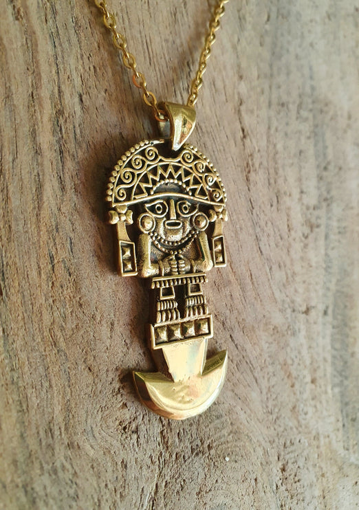 Gold Sacred Mayan God Pantheon Necklace / Hypoallergenic / Brass / Boho / Aztec / Inca / Ethnic / Hypoallergenic / Third Eye / Illuminati