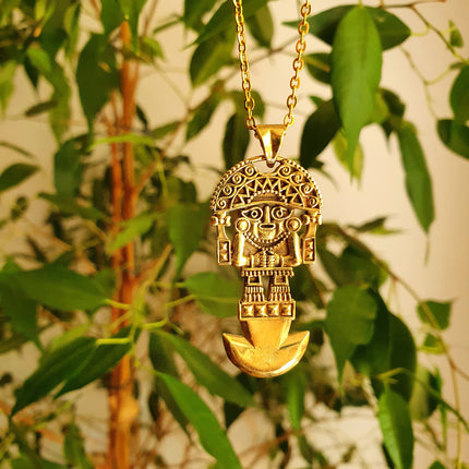 Gold Sacred Mayan God Pantheon Necklace / Hypoallergenic / Brass / Boho / Aztec / Inca / Ethnic / Hypoallergenic / Third Eye / Illuminati