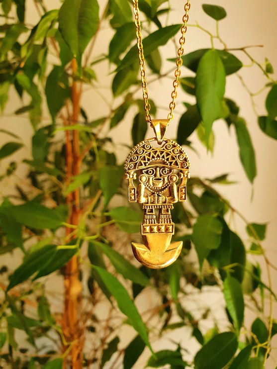 Gold Sacred Mayan God Pantheon Necklace / Hypoallergenic / Brass / Boho / Aztec / Inca / Ethnic / Hypoallergenic / Third Eye / Illuminati