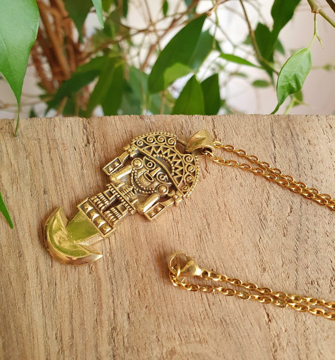 Gold Sacred Mayan God Pantheon Necklace / Hypoallergenic / Brass / Boho / Aztec / Inca / Ethnic / Hypoallergenic / Third Eye / Illuminati