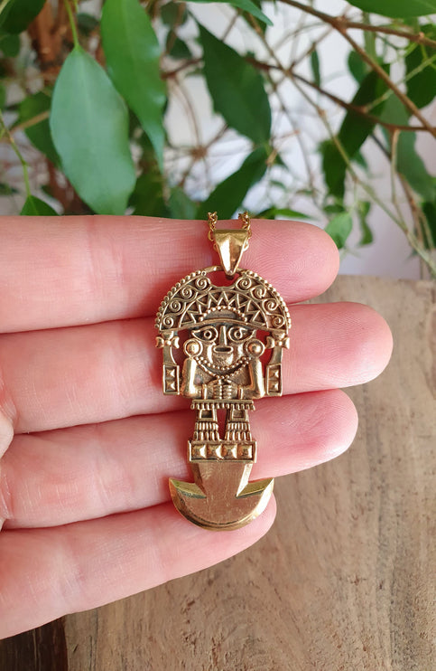 Gold Sacred Mayan God Pantheon Necklace / Hypoallergenic / Brass / Boho / Aztec / Inca / Ethnic / Hypoallergenic / Third Eye / Illuminati