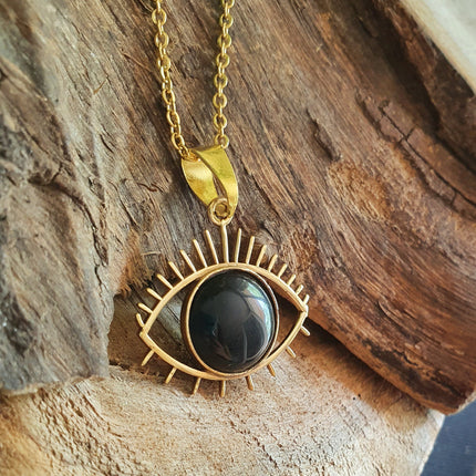 Gold Eye of Protection Necklace / Third Eye / Black Onyx / Hypoallergenic / Brass / Boho / Talisman / Ethnic / Hypoallergenic / Illuminati