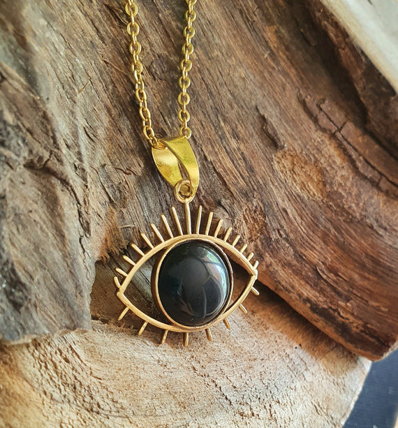 Gold Eye of Protection Necklace / Third Eye / Black Onyx / Hypoallergenic / Brass / Boho / Talisman / Ethnic / Hypoallergenic / Illuminati