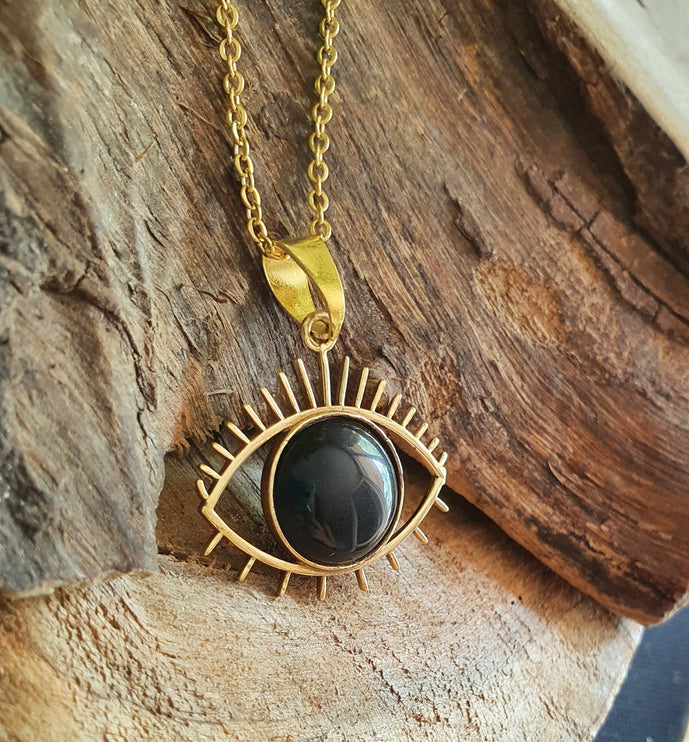 Gold Eye of Protection Necklace / Third Eye / Black Onyx / Hypoallergenic / Brass / Boho / Talisman / Ethnic / Hypoallergenic / Illuminati