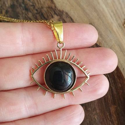 Gold Eye of Protection Necklace / Third Eye / Black Onyx / Hypoallergenic / Brass / Boho / Talisman / Ethnic / Hypoallergenic / Illuminati