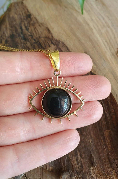 Gold Eye of Protection Necklace / Third Eye / Black Onyx / Hypoallergenic / Brass / Boho / Talisman / Ethnic / Hypoallergenic / Illuminati