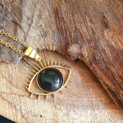 Gold Eye of Protection Necklace / Third Eye / Black Onyx / Hypoallergenic / Brass / Boho / Talisman / Ethnic / Hypoallergenic / Illuminati