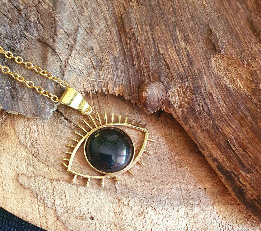 Gold Eye of Protection Necklace / Third Eye / Black Onyx / Hypoallergenic / Brass / Boho / Talisman / Ethnic / Hypoallergenic / Illuminati