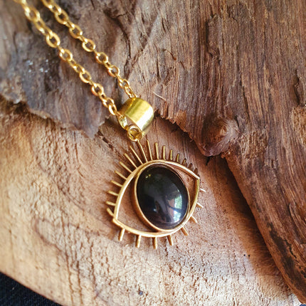 Gold Eye of Protection Necklace / Third Eye / Black Onyx / Hypoallergenic / Brass / Boho / Talisman / Ethnic / Hypoallergenic / Illuminati