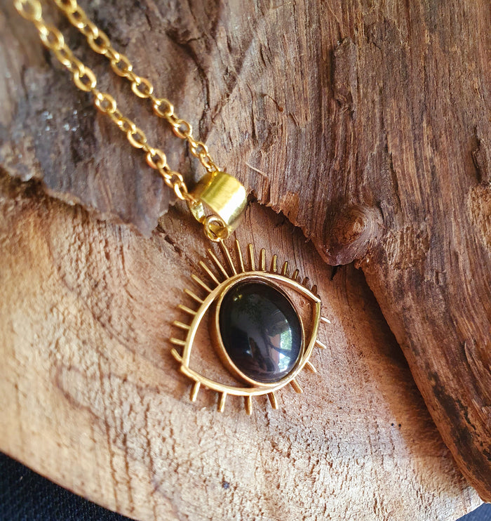 Gold Eye of Protection Necklace / Third Eye / Black Onyx / Hypoallergenic / Brass / Boho / Talisman / Ethnic / Hypoallergenic / Illuminati