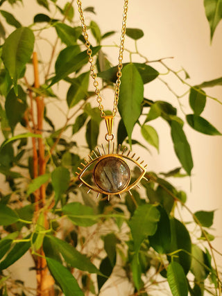 Gold Eye of Protection Necklace / Labradorite / Third Eye / Hypoallergenic / Brass / Boho / Inca / Ethnic / Hypoallergenic / Illuminati