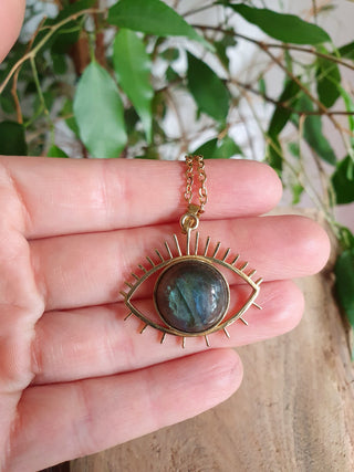 Gold Eye of Protection Necklace / Labradorite / Third Eye / Hypoallergenic / Brass / Boho / Inca / Ethnic / Hypoallergenic / Illuminati