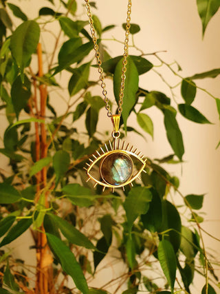 Gold Eye of Protection Necklace / Labradorite / Third Eye / Hypoallergenic / Brass / Boho / Inca / Ethnic / Hypoallergenic / Illuminati