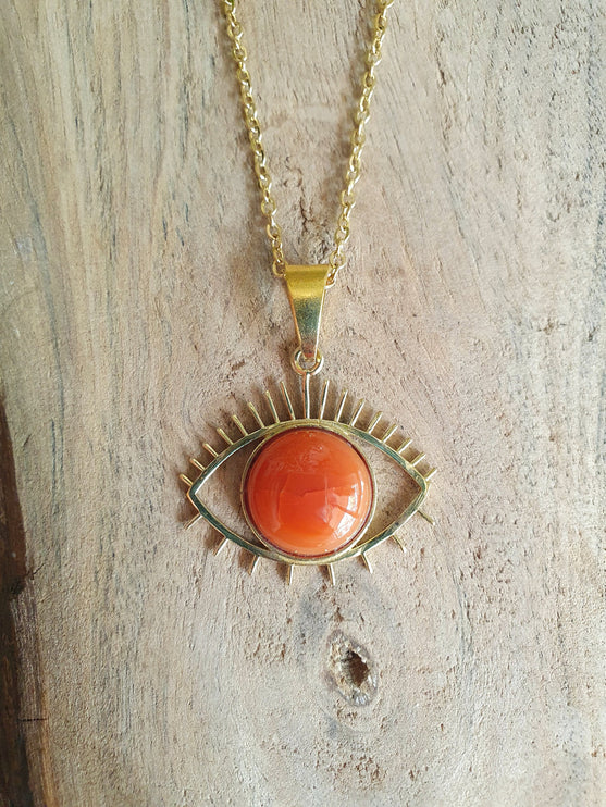 Gold Eye of Protection Necklace / Cornelian / Third Eye / Hypoallergenic / Brass / Boho / Inca / Ethnic / Hypoallergenic / Illuminati