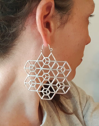Large Aztec Hoops Inca Style Silver Earrings; Ethnic, Geometric, rustic, yoga, hippie, gypsy, pretty, psy, boho, bohemian, festival