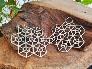 Large Aztec Hoops Inca Style Silver Earrings; Ethnic, Geometric, rustic, yoga, hippie, gypsy, pretty, psy, boho, bohemian, festival