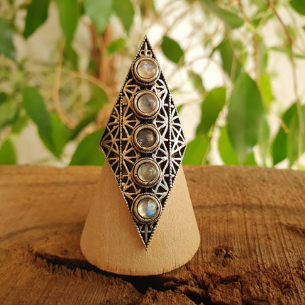 Silver Geometric Diamond Shape Ring / Moonstone / Large /Boho / Ethnic / Rustic / Tribal / Gypsy / Festival / Indian / Festival