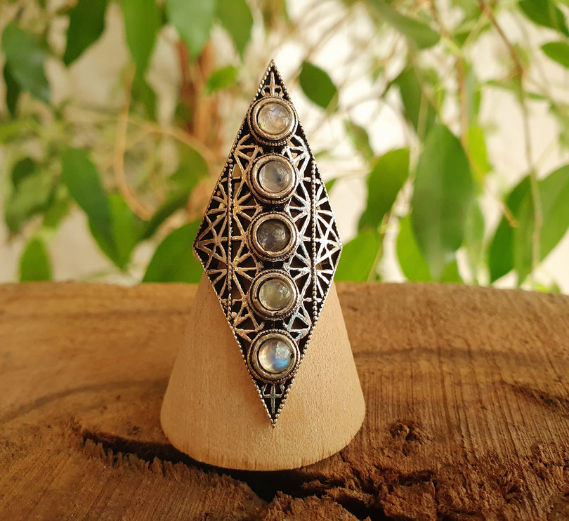 Silver Geometric Diamond Shape Ring / Moonstone / Large /Boho / Ethnic / Rustic / Tribal / Gypsy / Festival / Indian / Festival