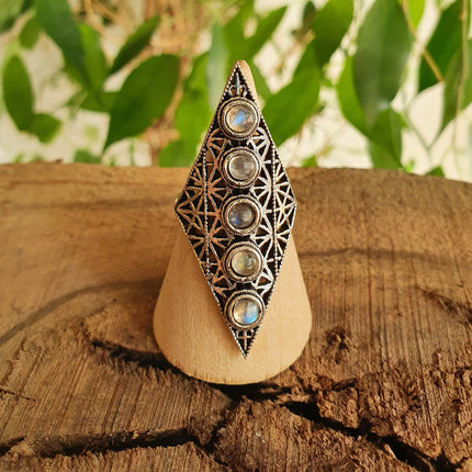 Silver Geometric Diamond Shape Ring / Moonstone / Large /Boho / Ethnic / Rustic / Tribal / Gypsy / Festival / Indian / Festival