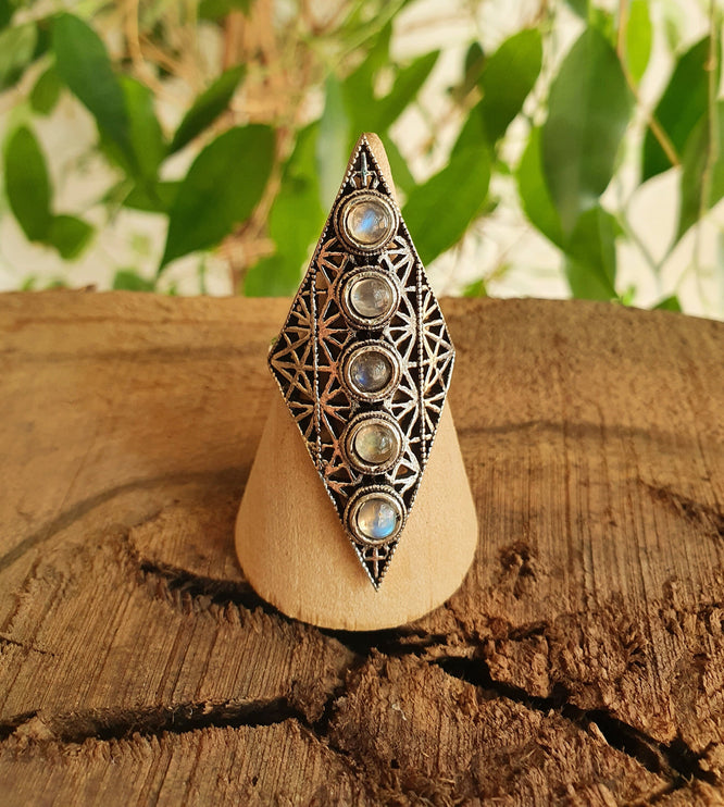 Silver Geometric Diamond Shape Ring / Moonstone / Large /Boho / Ethnic / Rustic / Tribal / Gypsy / Festival / Indian / Festival