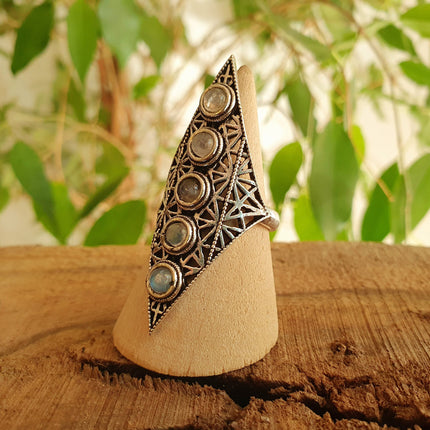 Silver Geometric Diamond Shape Ring / Moonstone / Large /Boho / Ethnic / Rustic / Tribal / Gypsy / Festival / Indian / Festival