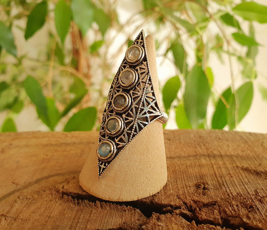 Silver Geometric Diamond Shape Ring / Moonstone / Large /Boho / Ethnic / Rustic / Tribal / Gypsy / Festival / Indian / Festival