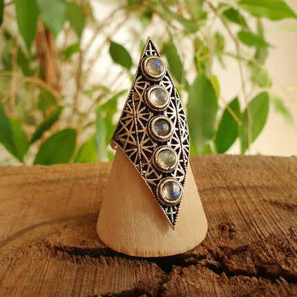 Silver Geometric Diamond Shape Ring / Moonstone / Large /Boho / Ethnic / Rustic / Tribal / Gypsy / Festival / Indian / Festival