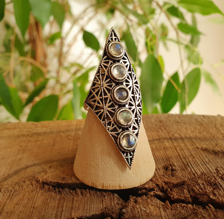 Silver Geometric Diamond Shape Ring / Moonstone / Large /Boho / Ethnic / Rustic / Tribal / Gypsy / Festival / Indian / Festival