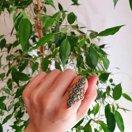 Brass Turquoise Geometric Diamond Shape Ring / Large /Boho / Ethnic / Rustic / Tribal / Gypsy / Festival / Healing / Festival