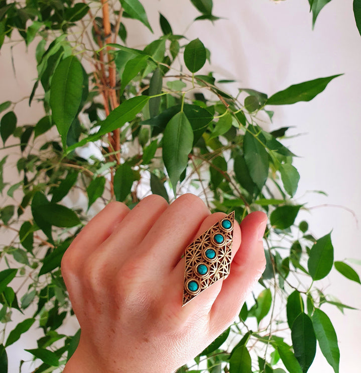 Brass Turquoise Geometric Diamond Shape Ring / Large /Boho / Ethnic / Rustic / Tribal / Gypsy / Festival / Healing / Festival