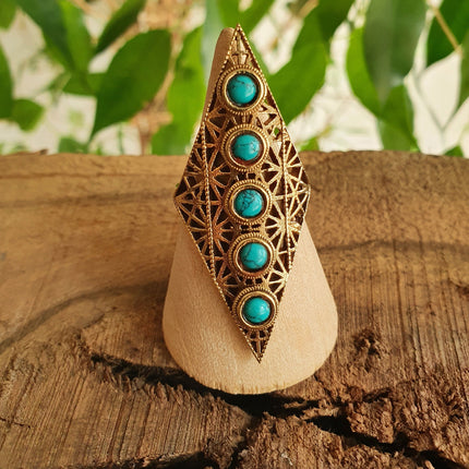 Brass Turquoise Geometric Diamond Shape Ring / Large /Boho / Ethnic / Rustic / Tribal / Gypsy / Festival / Healing / Festival