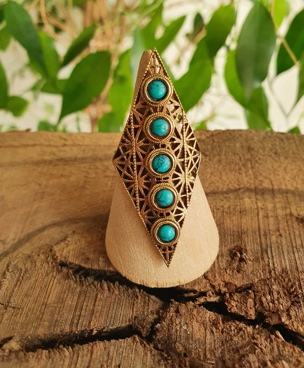 Brass Turquoise Geometric Diamond Shape Ring / Large /Boho / Ethnic / Rustic / Tribal / Gypsy / Festival / Healing / Festival