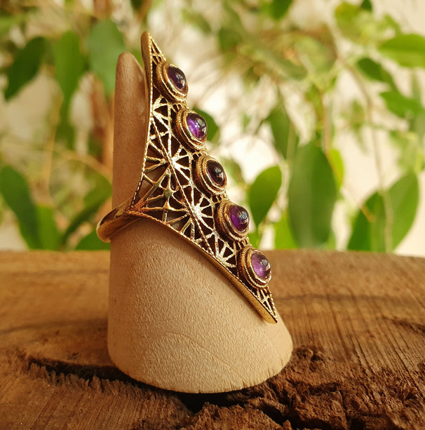 Brass Amethyst Geometric Diamond Shape Ring / Large /Boho / Ethnic / Rustic / Tribal / Gypsy / Festival / Healing / Festival 