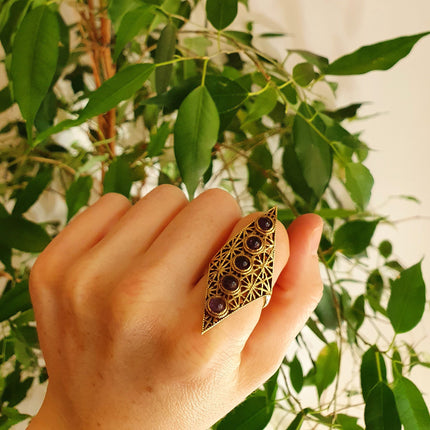 Brass Amethyst Geometric Diamond Shape Ring / Large /Boho / Ethnic / Rustic / Tribal / Gypsy / Festival / Healing / Festival 