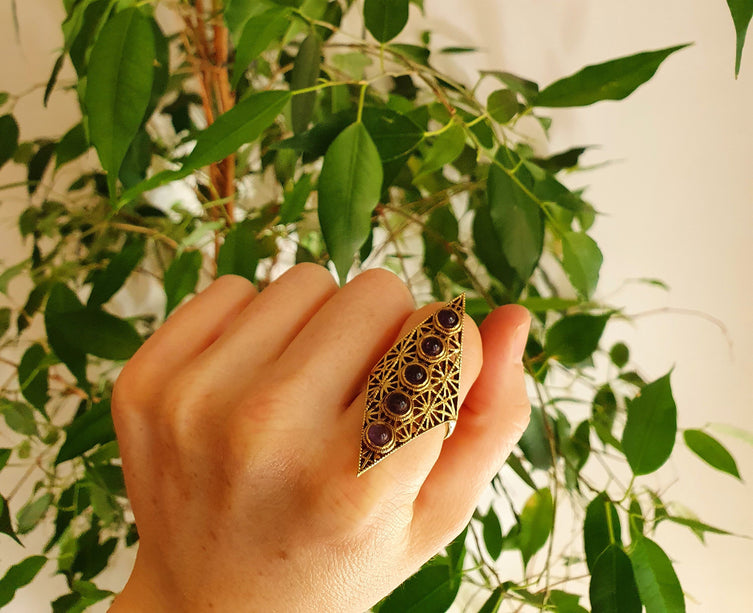 Brass Amethyst Geometric Diamond Shape Ring / Large /Boho / Ethnic / Rustic / Tribal / Gypsy / Festival / Healing / Festival 