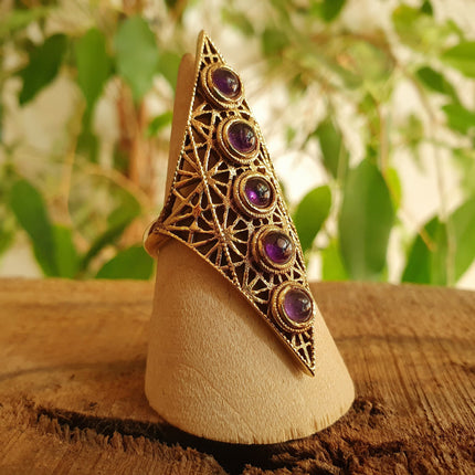 Brass Amethyst Geometric Diamond Shape Ring / Large /Boho / Ethnic / Rustic / Tribal / Gypsy / Festival / Healing / Festival 