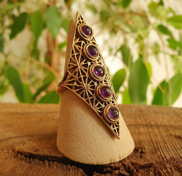 Brass Amethyst Geometric Diamond Shape Ring / Large /Boho / Ethnic / Rustic / Tribal / Gypsy / Festival / Healing / Festival 