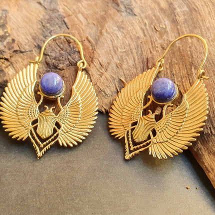 Gold Scarab Earrings Ancient Egypt Lapis Lazuli & Brass ; Ethnic, Geometric, rustic, yoga, hippie, gypsy, pretty, boho, bohemian, festival