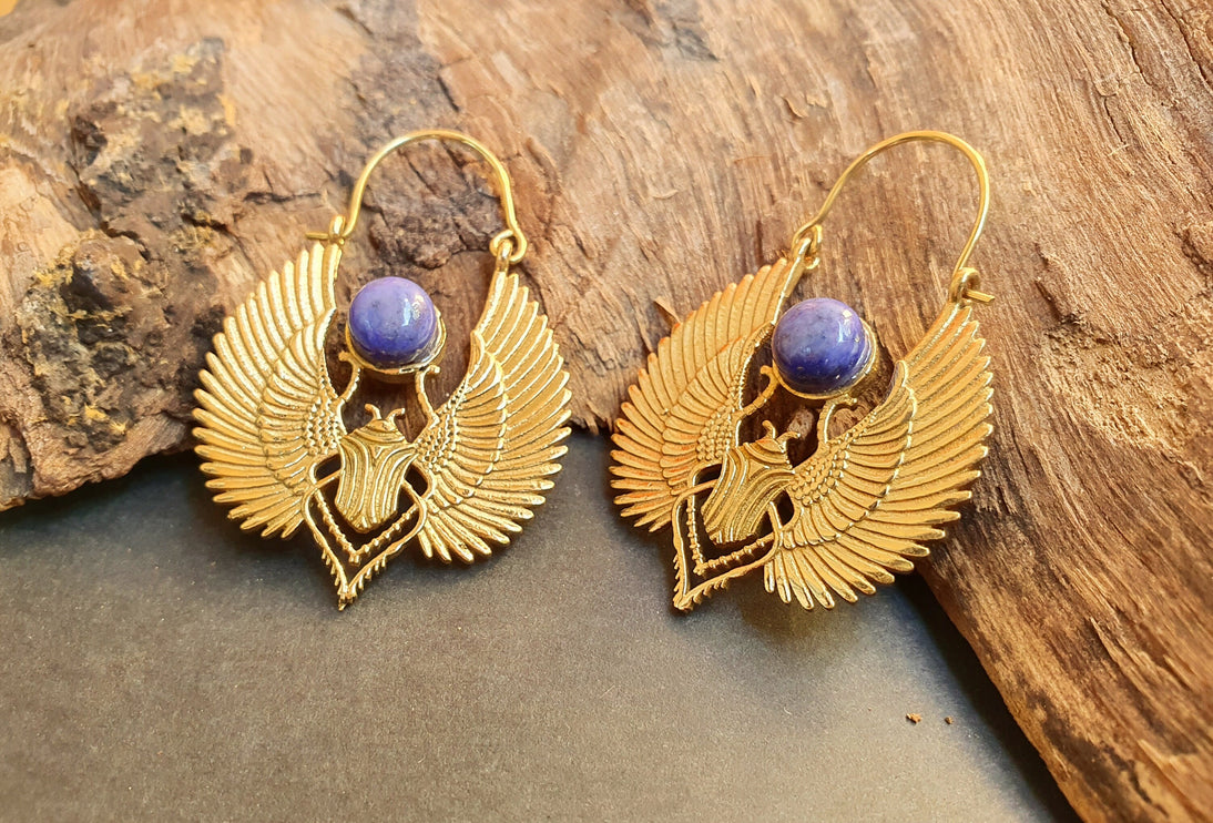 Gold Scarab Earrings Ancient Egypt Lapis Lazuli & Brass ; Ethnic, Geometric, rustic, yoga, hippie, gypsy, pretty, boho, bohemian, festival