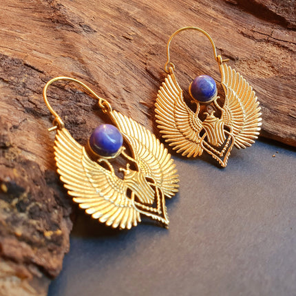 Gold Scarab Earrings Ancient Egypt Lapis Lazuli & Brass ; Ethnic, Geometric, rustic, yoga, hippie, gypsy, pretty, boho, bohemian, festival