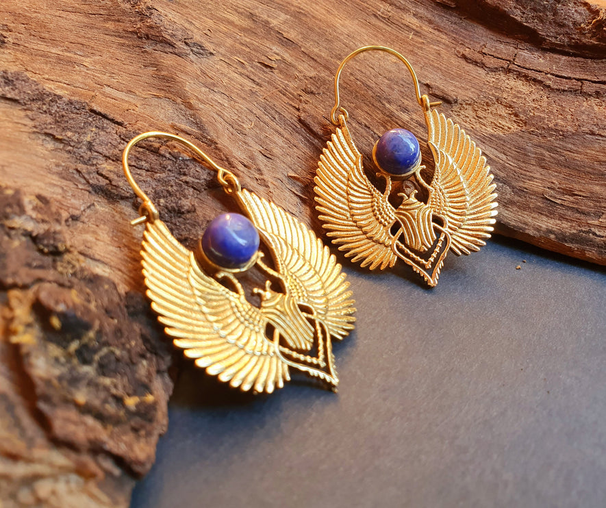 Gold Scarab Earrings Ancient Egypt Lapis Lazuli & Brass ; Ethnic, Geometric, rustic, yoga, hippie, gypsy, pretty, boho, bohemian, festival